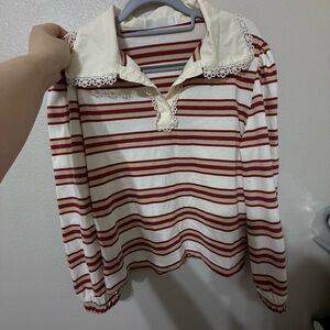 Elegant Striped Long Sleeve Top with Lace Collar